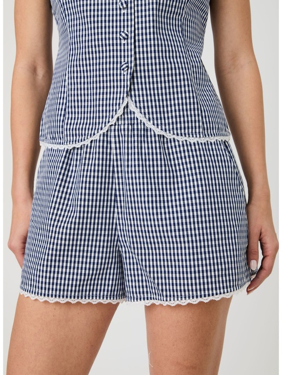 French Connection Pants - French Connection Navy & White Gingham Lace-Trim Shorts